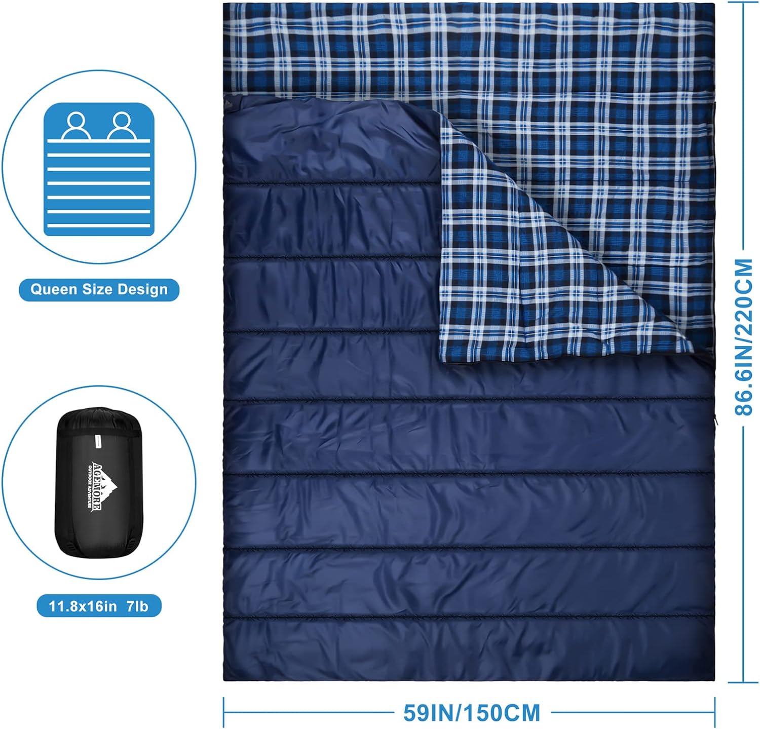 AGEMORE Cotton Flannel Double Sleeping Bag for Camping, Backpacking Or Hiking. Queen Size 2 Person Waterproof Sleeping Bag for Adults Or Teens. Lightweight with Compression Sack - Image 9