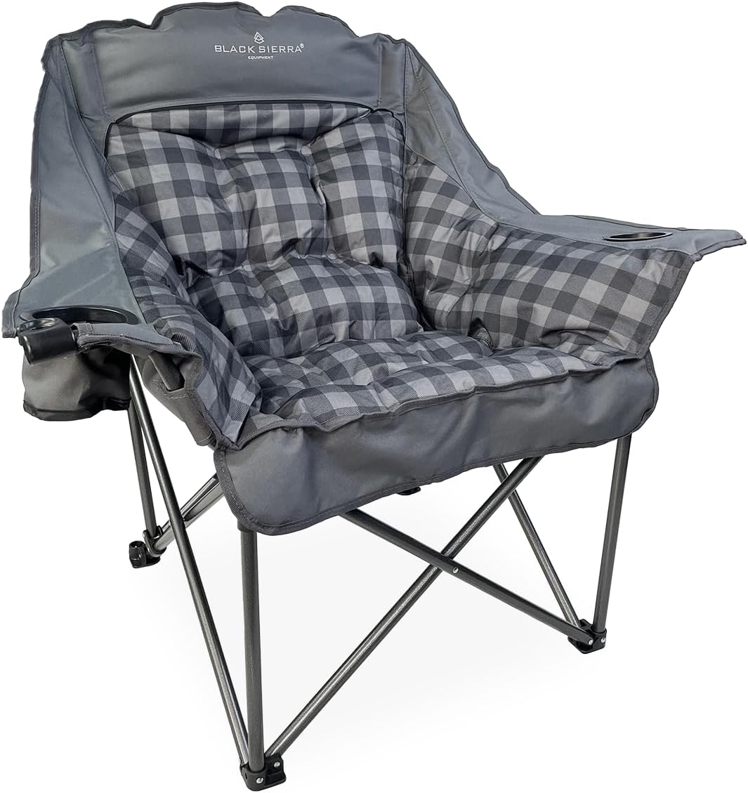 Black Sierra Plush Camping Chair for Sports & Outdoors, Oversize XL Outdoor Folding Chair Supports 400 lbs, Heavy Duty Lounge w/Cup Holders & Carry Bag Perfect for Tailgating, Patio
