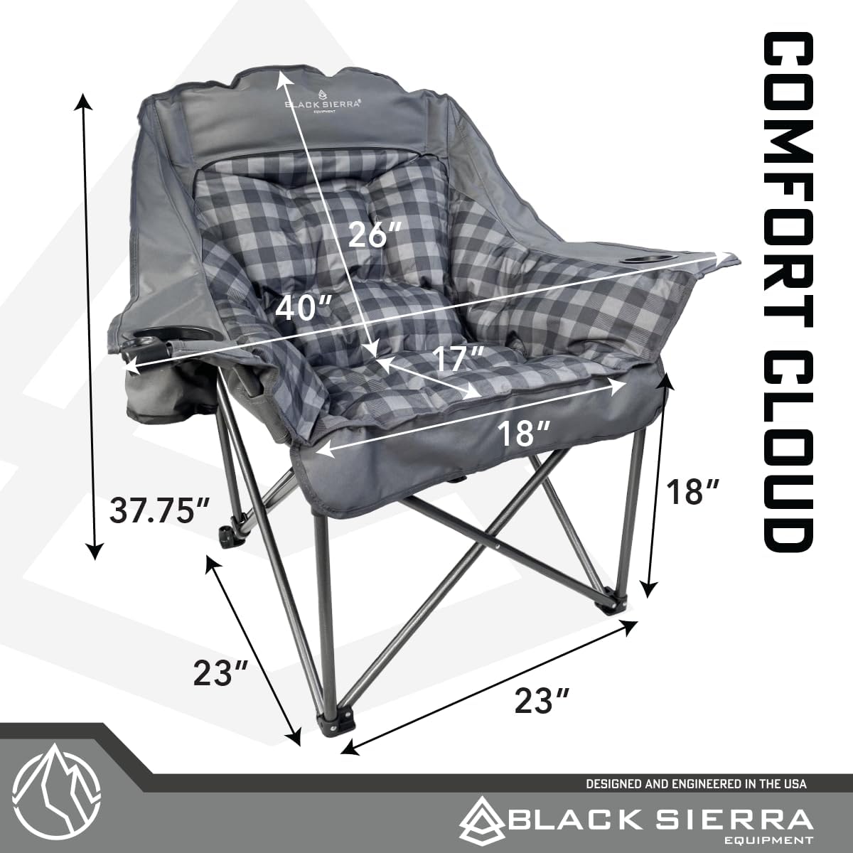 Black Sierra Plush Camping Chair for Sports & Outdoors, Oversize XL Outdoor Folding Chair Supports 400 lbs, Heavy Duty Lounge w/Cup Holders & Carry Bag Perfect for Tailgating, Patio - Image 3