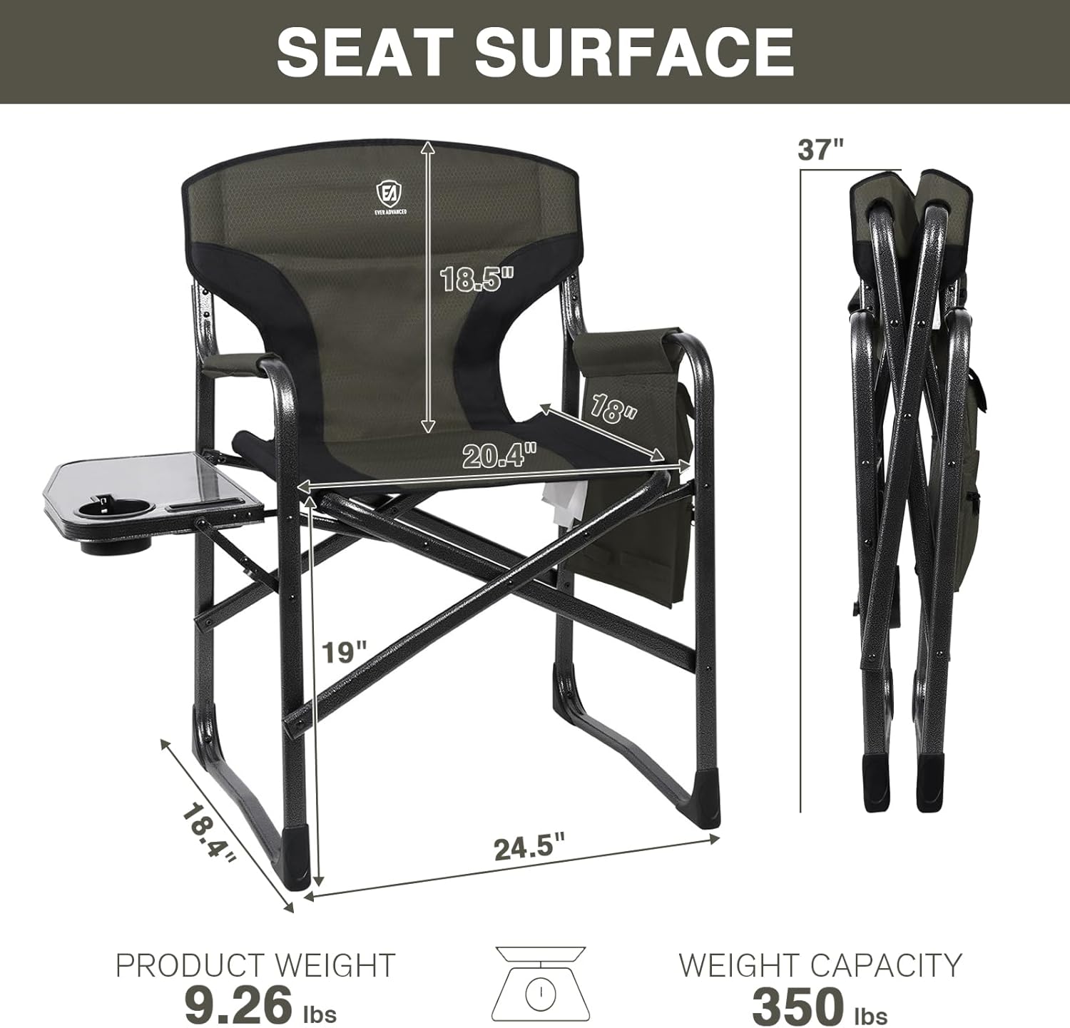 EVER ADVANCED Lightweight Folding Directors Chairs Outdoor, Aluminum Camping Chair with Side Table and Storage Pouch, Heavy Duty Supports 350LBS - Image 3